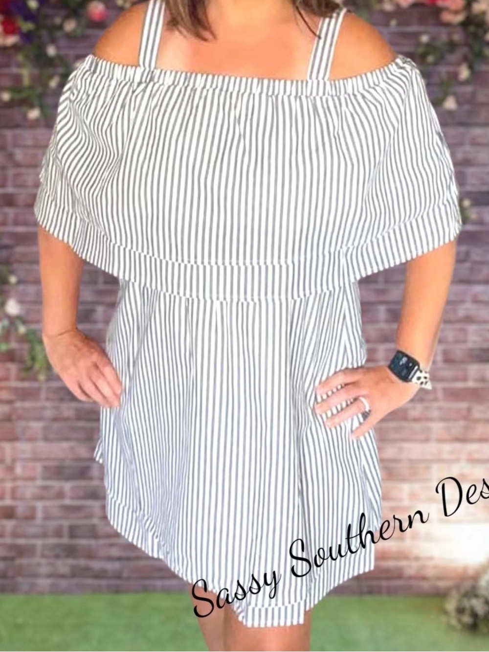 Off-Shoulder Striped White & blue Dress